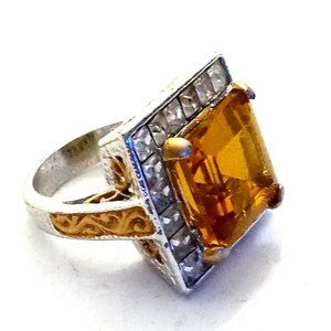 Huge Faux Citrine & Rhinestone Statement Ring-Gold & 925 Silver Size 8